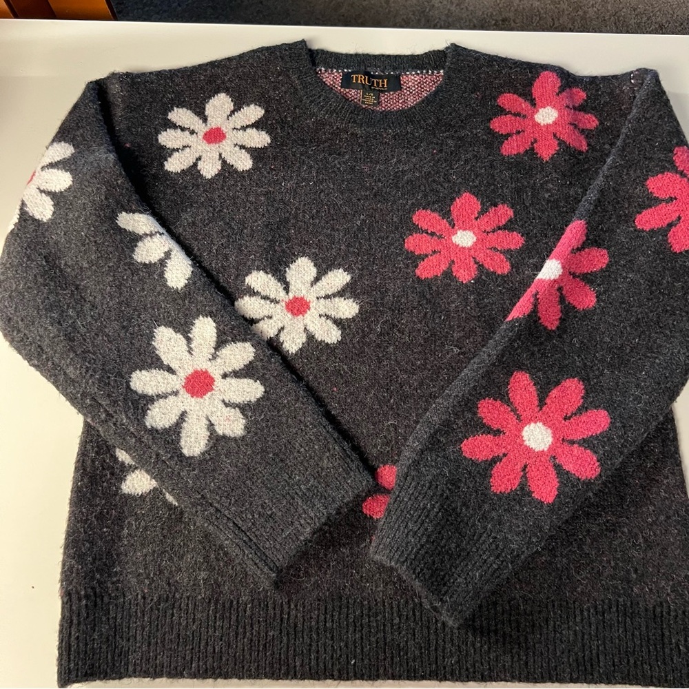Truth By Republic Sweater Women Black Pink White Floral Crewneck Pullover Large